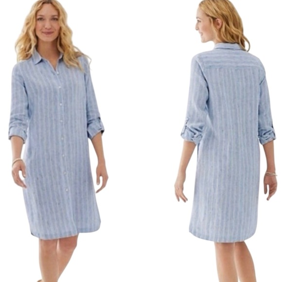 NWT J. Jill Love Linen 100% Linen Striped Roll Tab Sleeve Shirt Dress Petite XS - Picture 2 of 11
